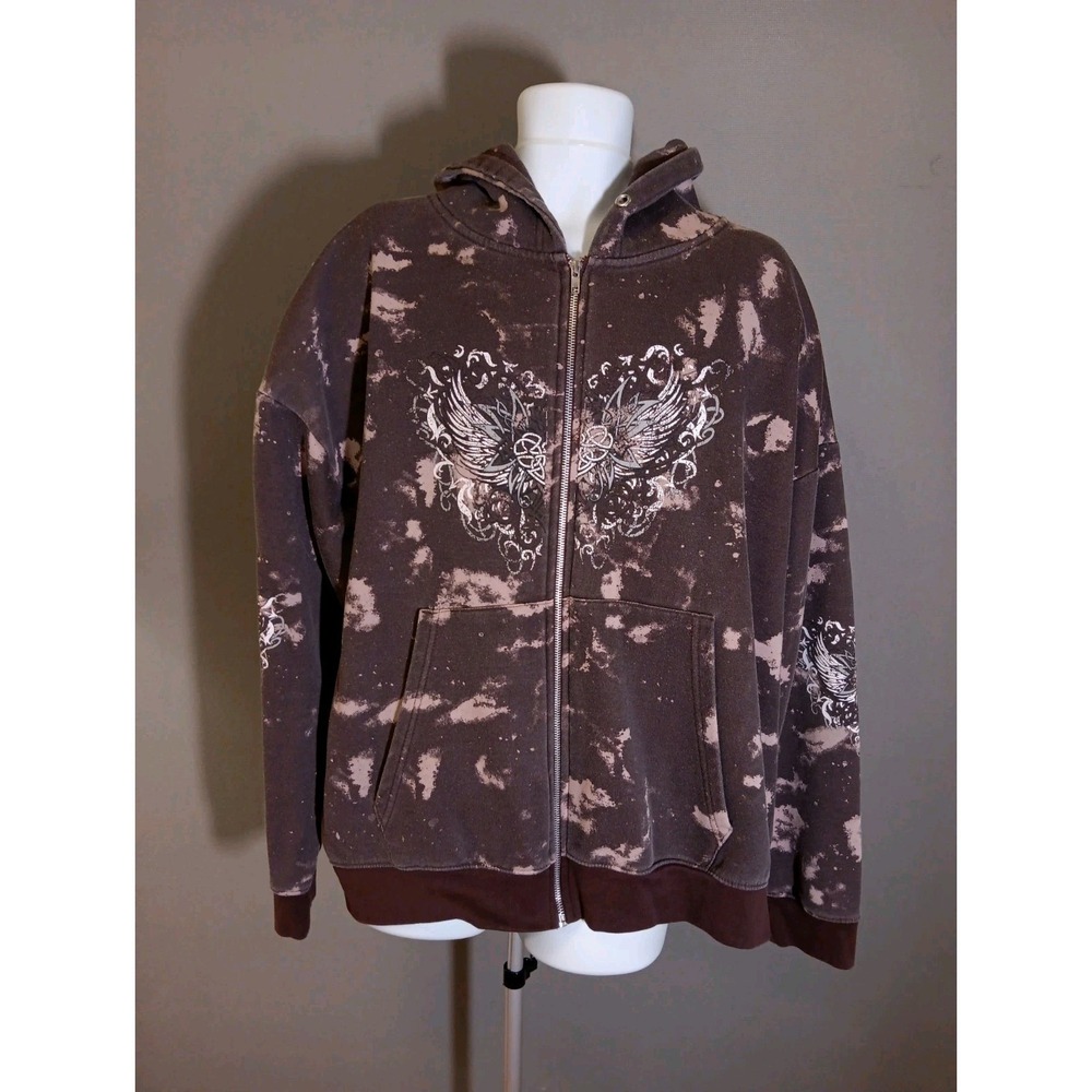 Daisy Street Hoodie XL Oversized Heavy Brown Grunge Tie Dye Y2K Winged Heart